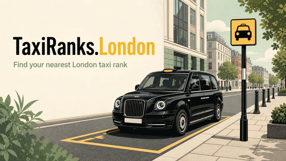 Illustration of a black cab waiting beside a taxi rank sign and marked kerbside bay